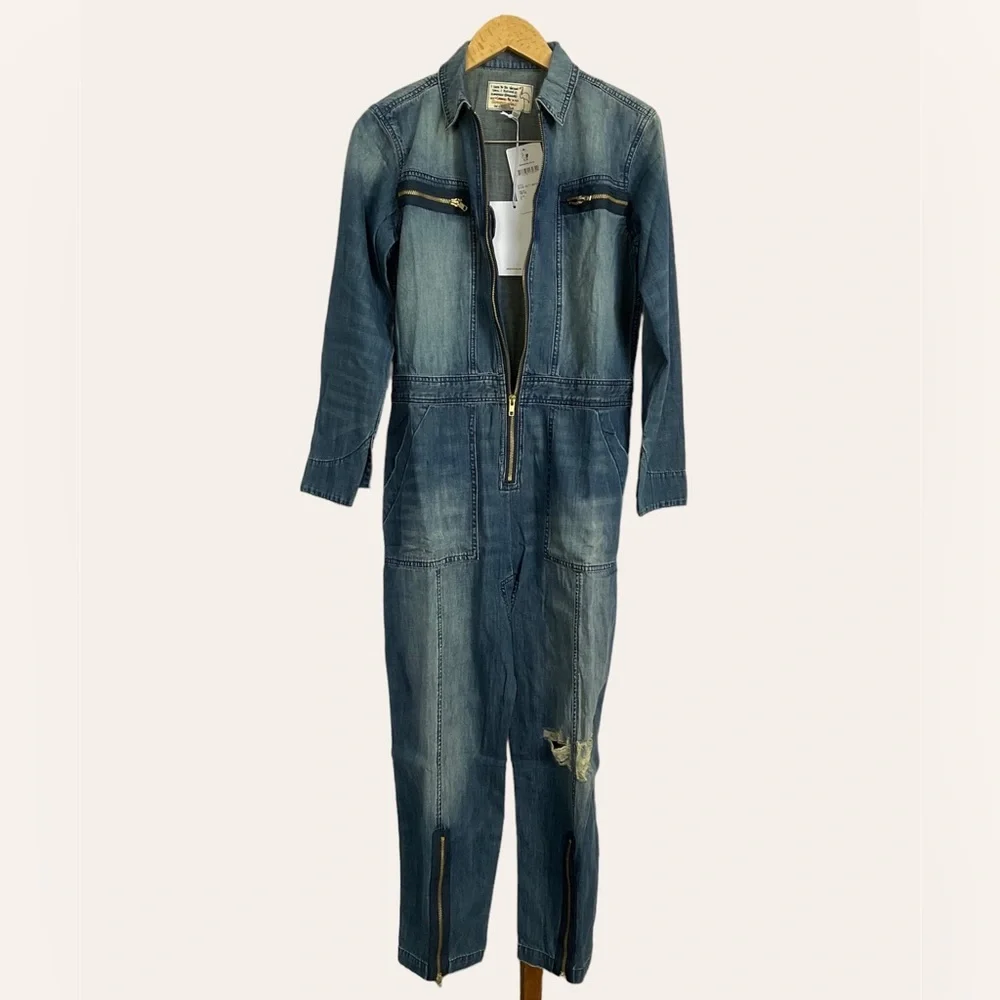 Sandrine Rose FREE PEOPLE Deep Zip Denim Jumpsuit Slouchy Small Utility Style - Picture 8 of 11